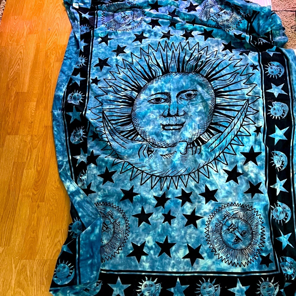 Beyond the Wall Tapestry. Sun•Moon Celestial Blue tie dye 55x80”